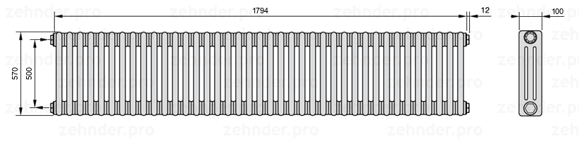 Схема (чертеж) Радиатор Zehnder Charleston 3057/39 №1270 Technoline TL